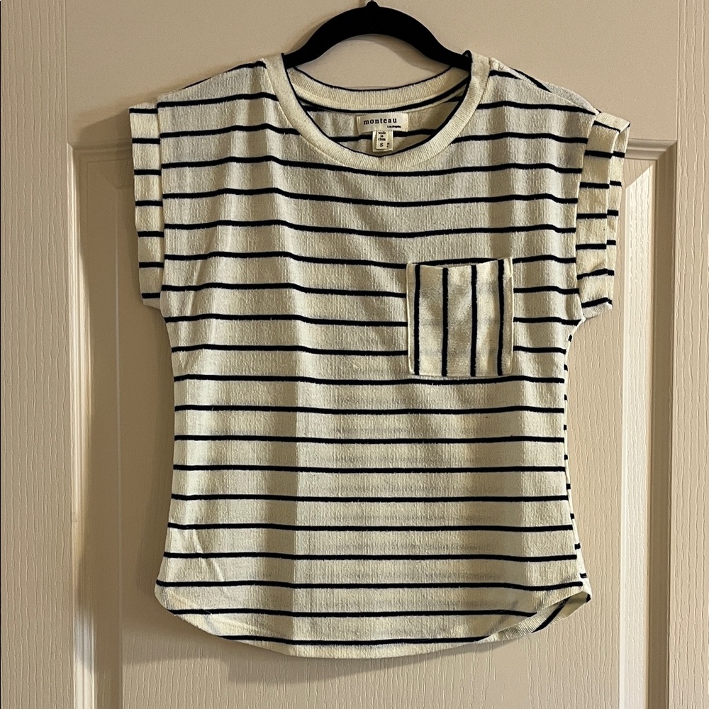 Monteau White Tee with Black Stripes and Chest Pocket